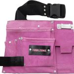 Toolzone 11 Pocket PINK Double Leather Tool Pouch includes Tape / Hammer holder