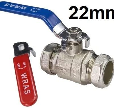 22mm Lever Valve Full BORE Ball Valve Compression Isolation Valve with RED & Blue Handle WRAS Approved